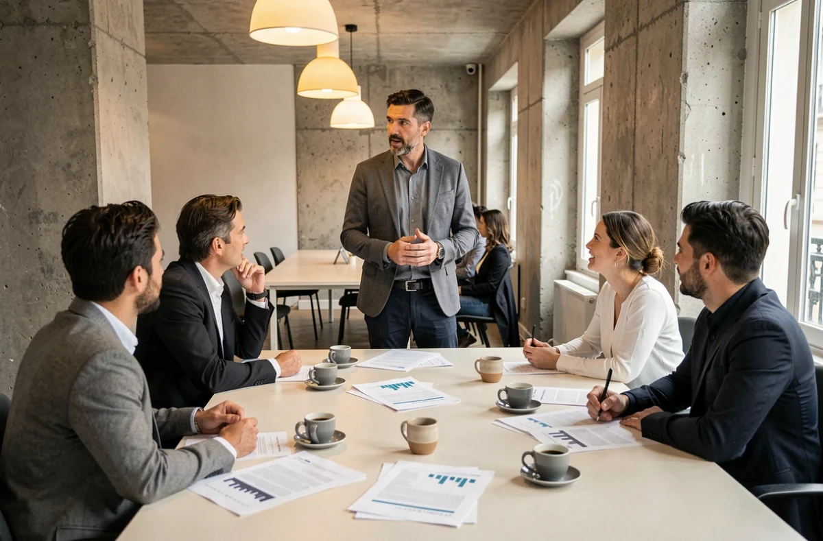 Réunion professionnelle dans un espace de coworking parisien, illustrant le partage d'expérience et l'inspiration entre décideurs
