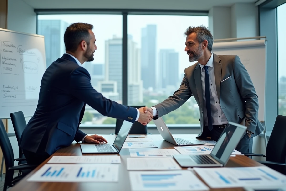 Deux dirigeants de PME concluant un partenariat commercial autour d'une table de réunion avec des rapports et tableaux de bord numériques