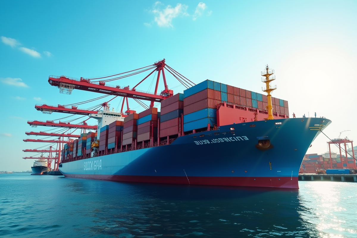 Chargement de conteneurs colorés sur un cargo au port