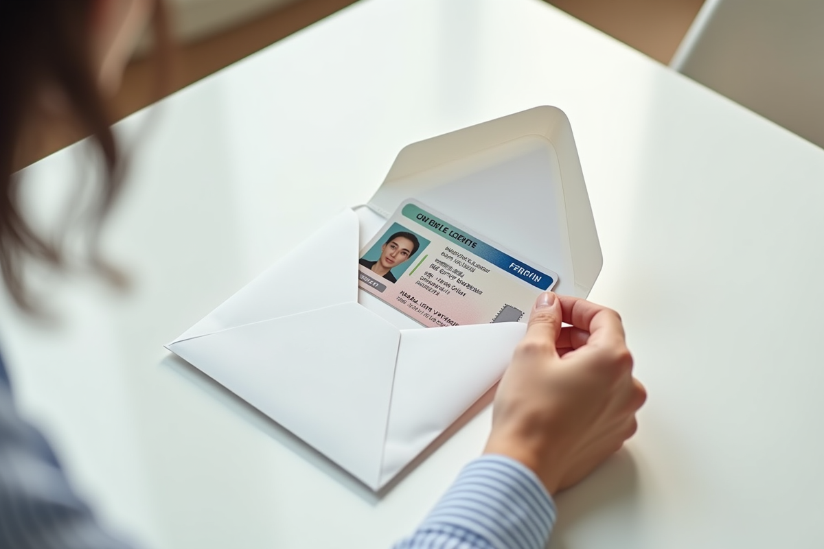 Main déposant un permis de conduire français dans une enveloppe élégante