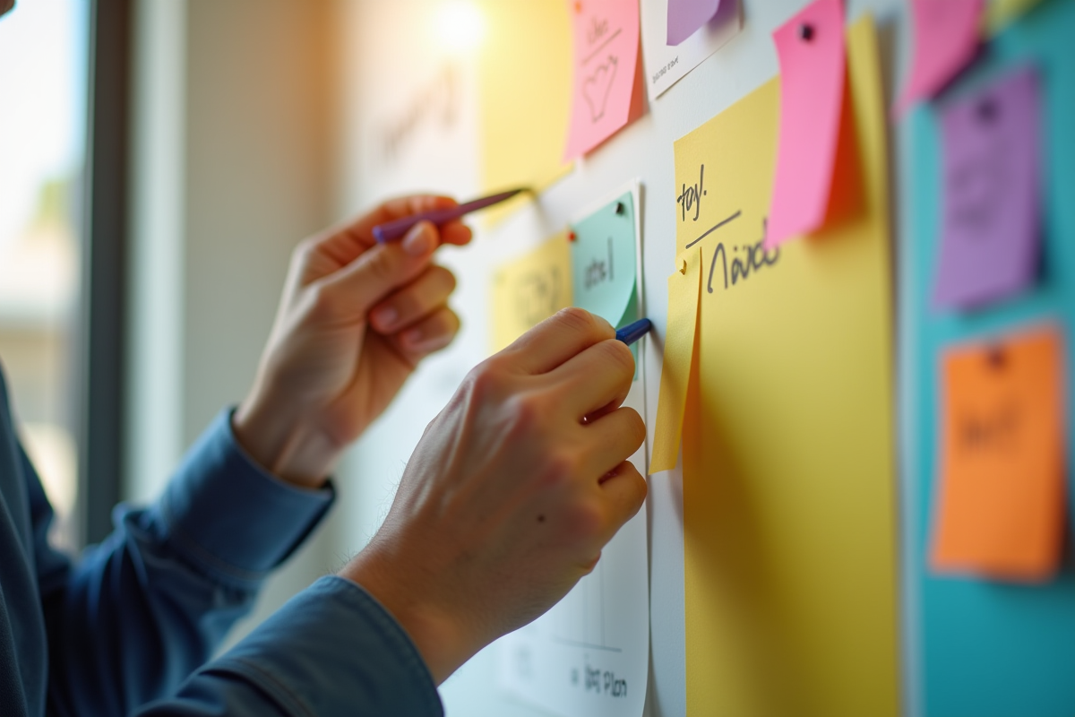 Mains organisant des notes colorées pour une présentation
