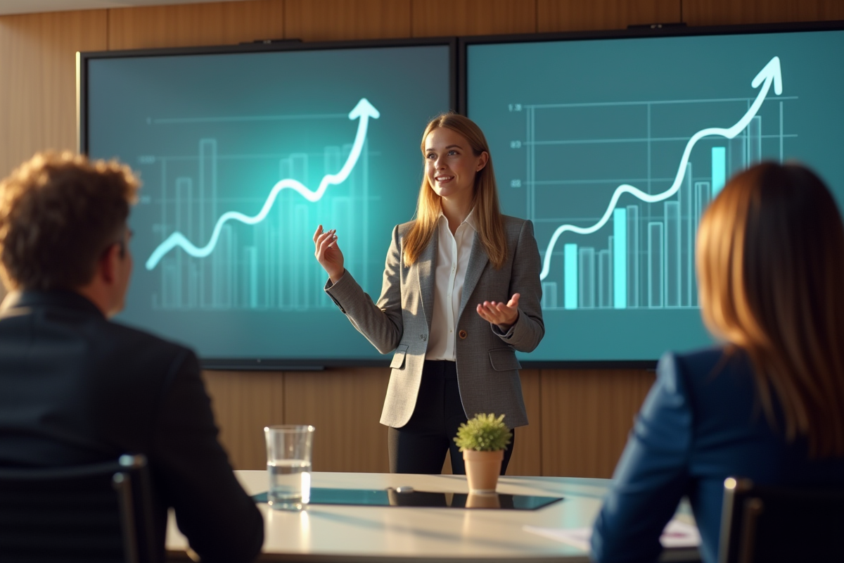 Une femme confiante présente des graphiques de croissance en réunion