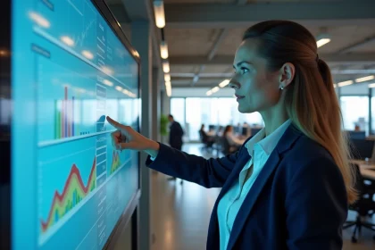 Professionnelle du marketing digital analysant des tableaux de bord de performance web sur un écran tactile dans un bureau technologique moderne