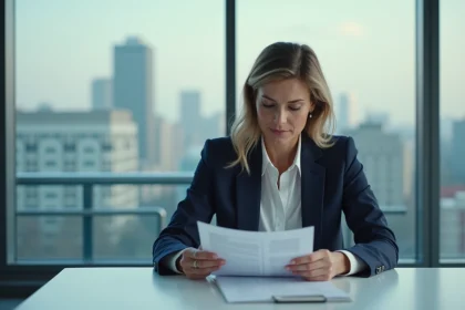 Professionnelle en blazer marine examinant des documents RSE dans un bureau contemporain vitré, illustrant l'engagement des assureurs dans la responsabilité sociale
