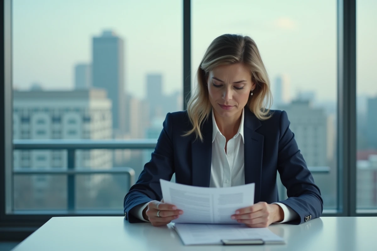 Professionnelle en blazer marine examinant des documents RSE dans un bureau contemporain vitré, illustrant l'engagement des assureurs dans la responsabilité sociale
