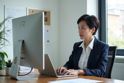 Professionnelle en blazer marine consultant une maquette de site web sur un grand écran de bureau dans un espace de travail moderne