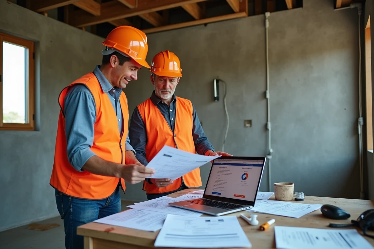 Deux professionnels du BTP comparant les coûts d'un abonnement de suivi de chantier sur site