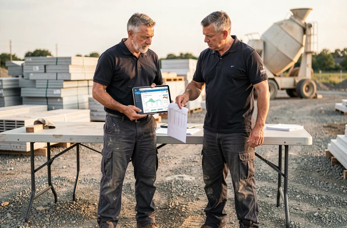 Deux professionnels du BTP débattant de l'utilisation d'un logiciel de gestion de chantier versus Excel sur tablette et document imprimé