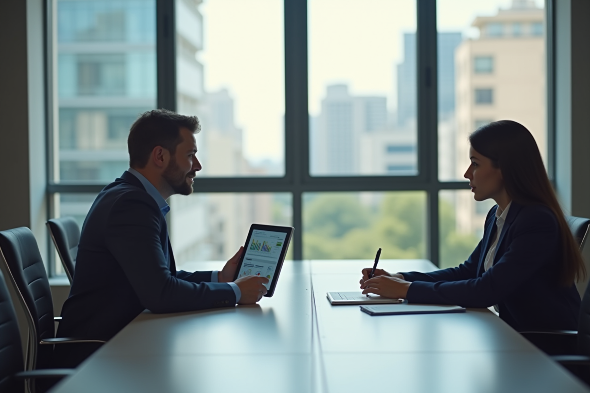 Deux professionnels en discussion dans un bureau lumineux