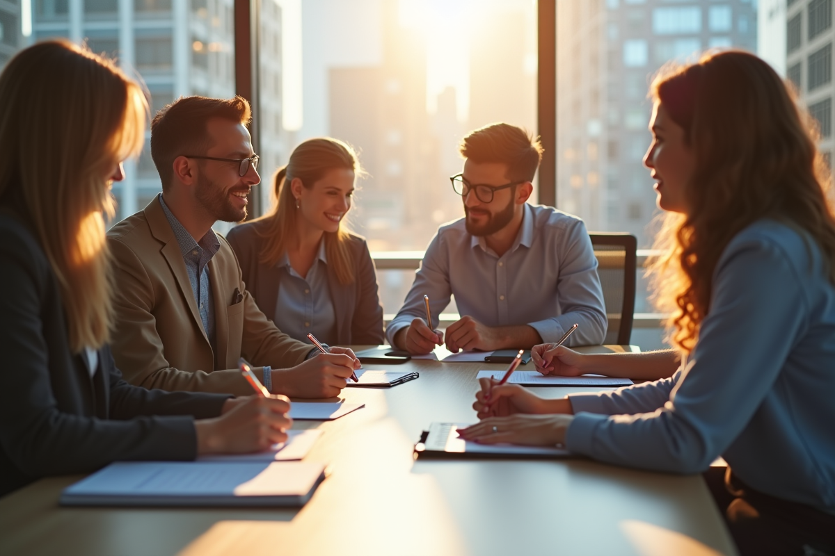 Quatre professionnels discutent autour d'une table lumineuse