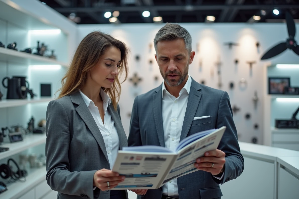 Deux professionnels de l'industrie nautique examinant un catalogue d'équipements marins lors d'un salon professionnel