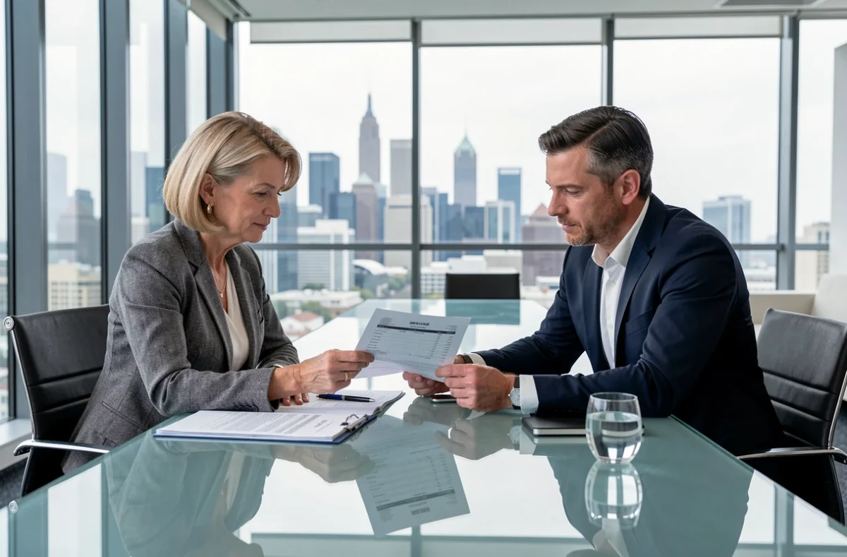 Deux professionnels en salle de réunion discutant d'une facture bilingue, représentant les échanges formels en anglais et en français pour le règlement de facture