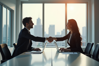 Deux professionnels se serrant la main dans un bureau moderne