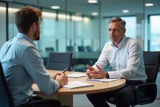 Responsable RH discutant du protocole alcool au travail avec un employé dans une salle de réunion professionnelle