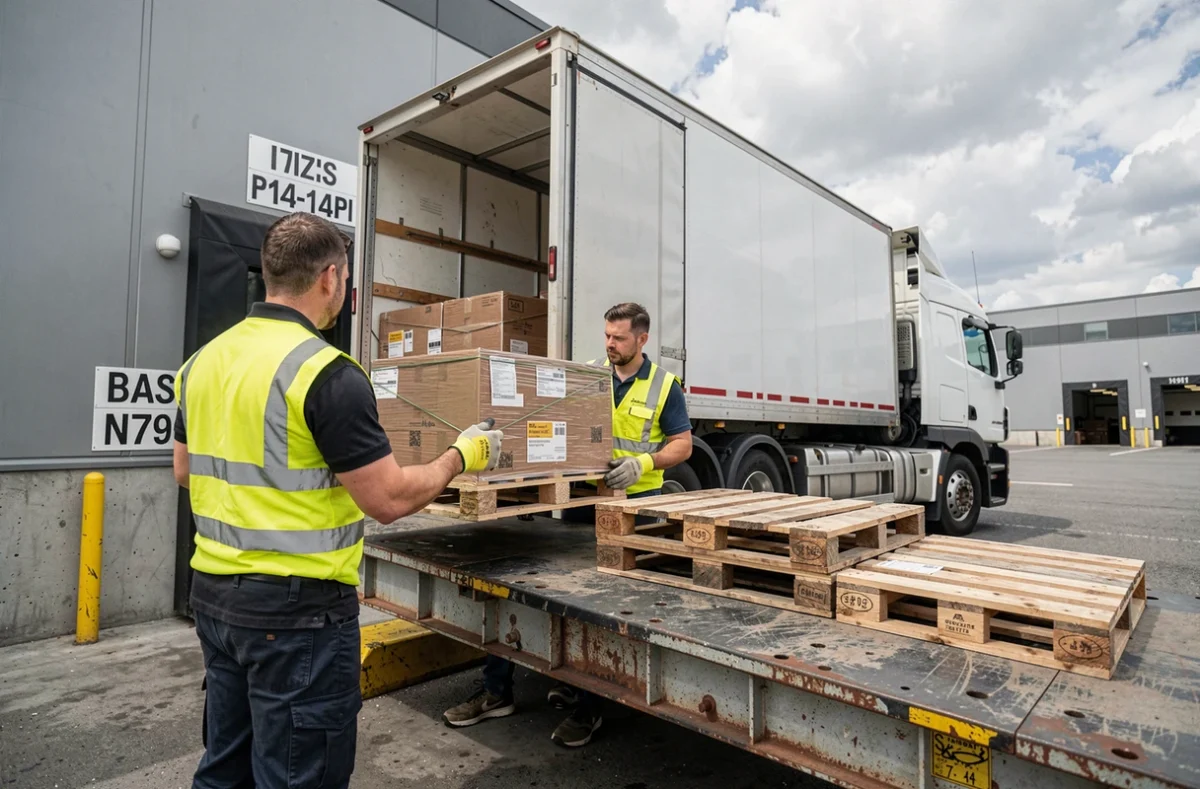 Quai de chargement d'un entrepôt logistique avec deux opérateurs déchargeant des palettes depuis un camion articulé