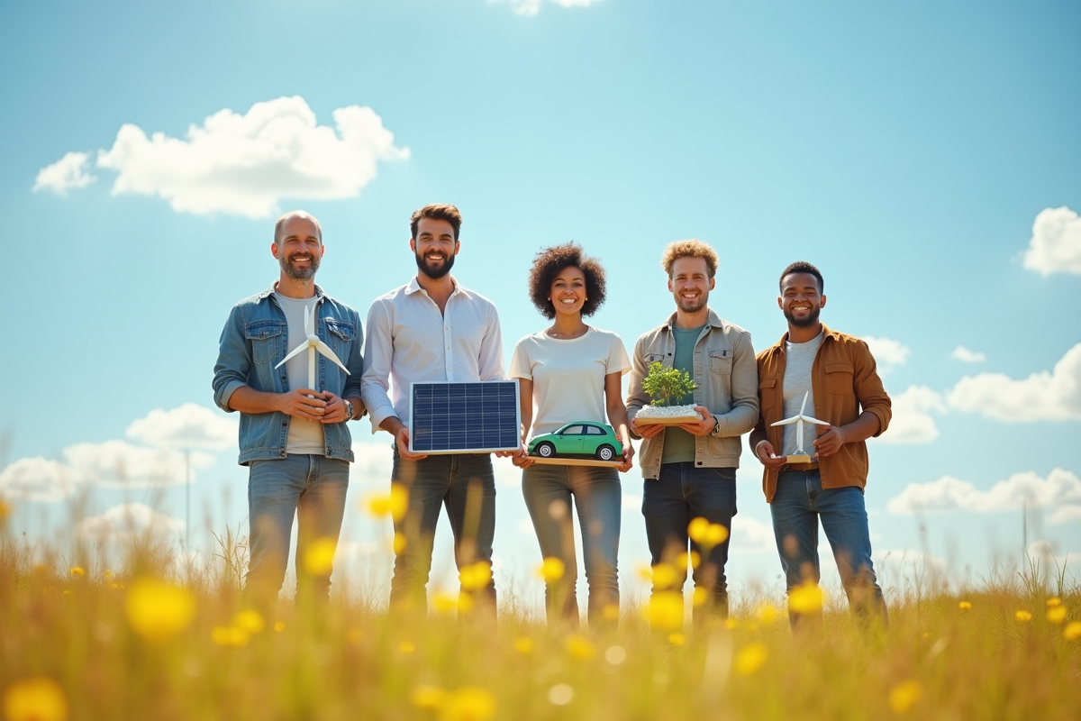Quatre personnes souriantes avec symboles d énergie renouvelable