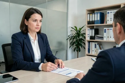 Recruteuse RH de la fonction publique expliquant un contrat salarial à un candidat lors d'un entretien d'embauche dans un bureau administratif moderne