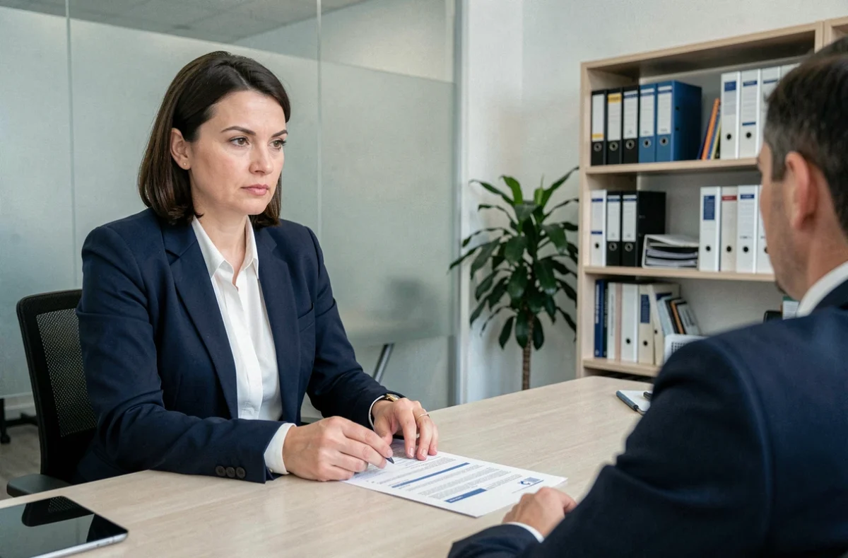 Recruteuse RH de la fonction publique expliquant un contrat salarial à un candidat lors d'un entretien d'embauche dans un bureau administratif moderne
