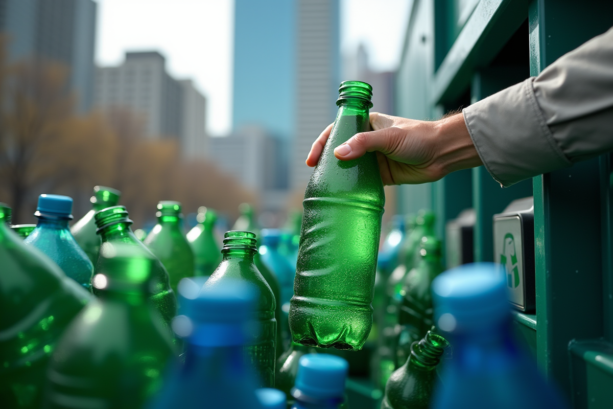 Main passant des bouteilles recyclées dans une machine moderne