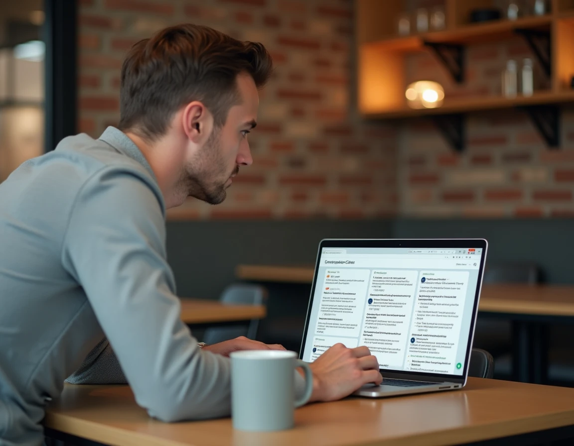 Responsable expérience client consultant une interface d'agrégation de verbatims omnicanaux sur un laptop dans un espace de coworking