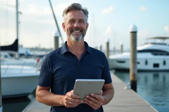 Responsable de port de plaisance consultant une tablette numérique sur un ponton avec bateaux amarrés en arrière-plan