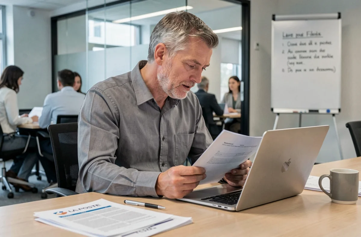 Responsable RH de La Poste analysant des documents administratifs et un tableau de bord numérique en salle de réunion
