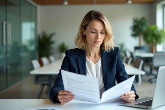 Responsable RH en entreprise analysant un plan de formation professionnelle sur une table de réunion moderne