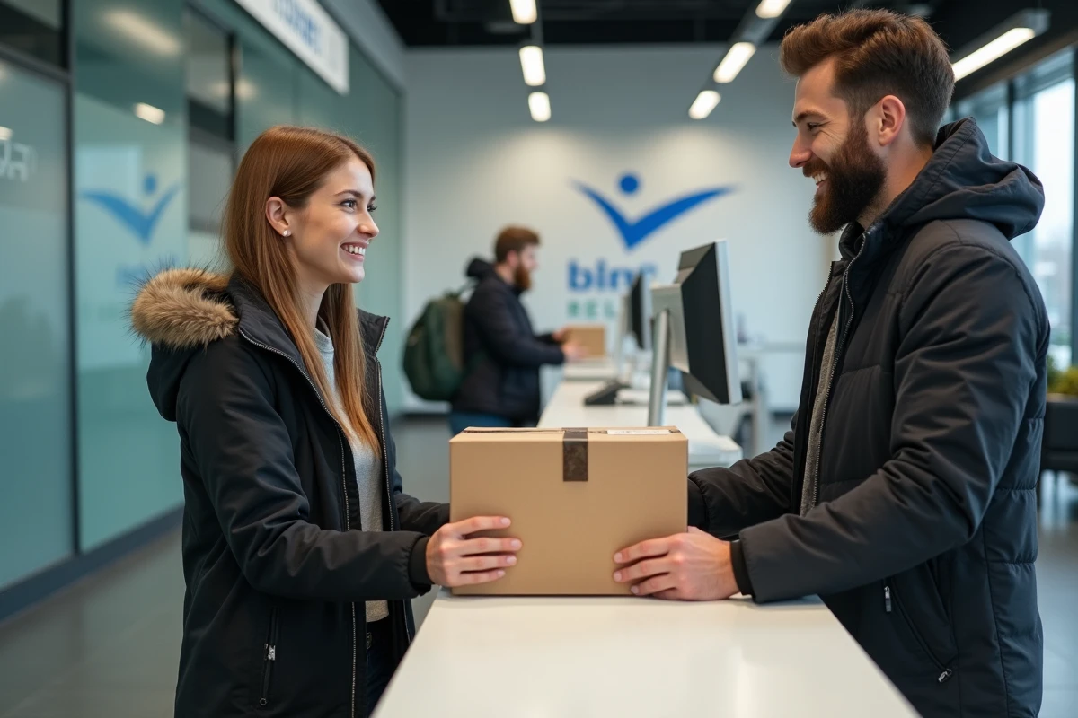 Homme et femme échangeant un colis dans un point de retrait