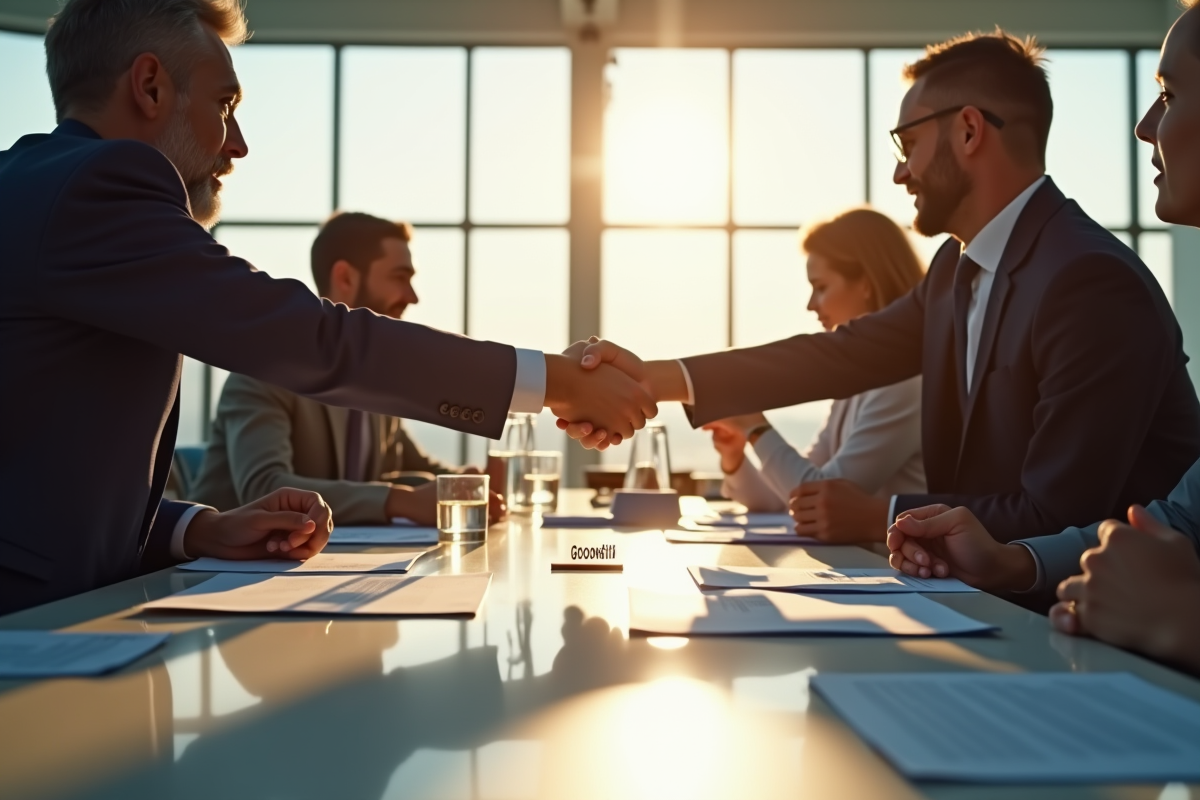 Réunion d'affaires avec échange de poignée de main autour d'une table moderne
