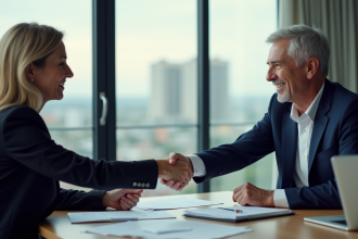 Homme senior serre la main d'une jeune femme en réunion