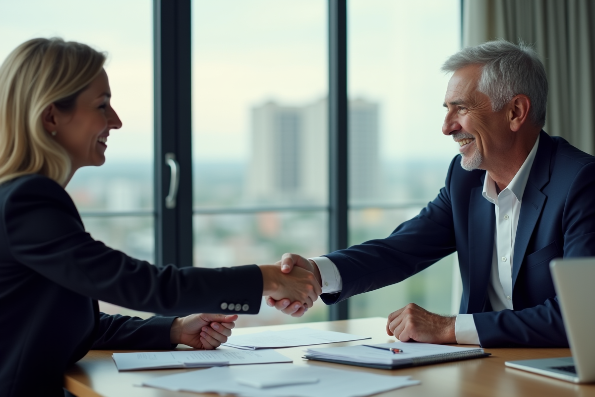 Homme senior serre la main d'une jeune femme en réunion