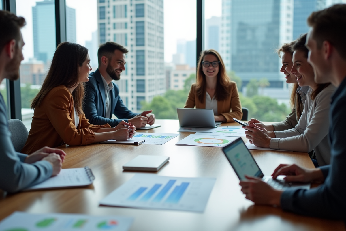 Groupe de travailleurs discutant autour d