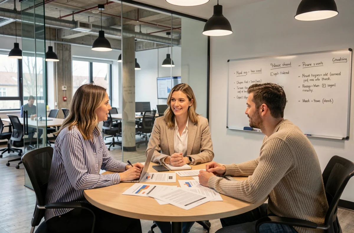 Équipe de professionnels en réunion dans une salle de coworking vitrée à Aubervilliers