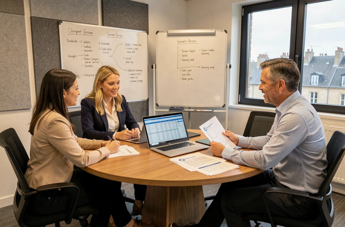 Réunion d'équipe autour du portage salarial dans une salle de réunion moderne à Clermont-Ferrand
