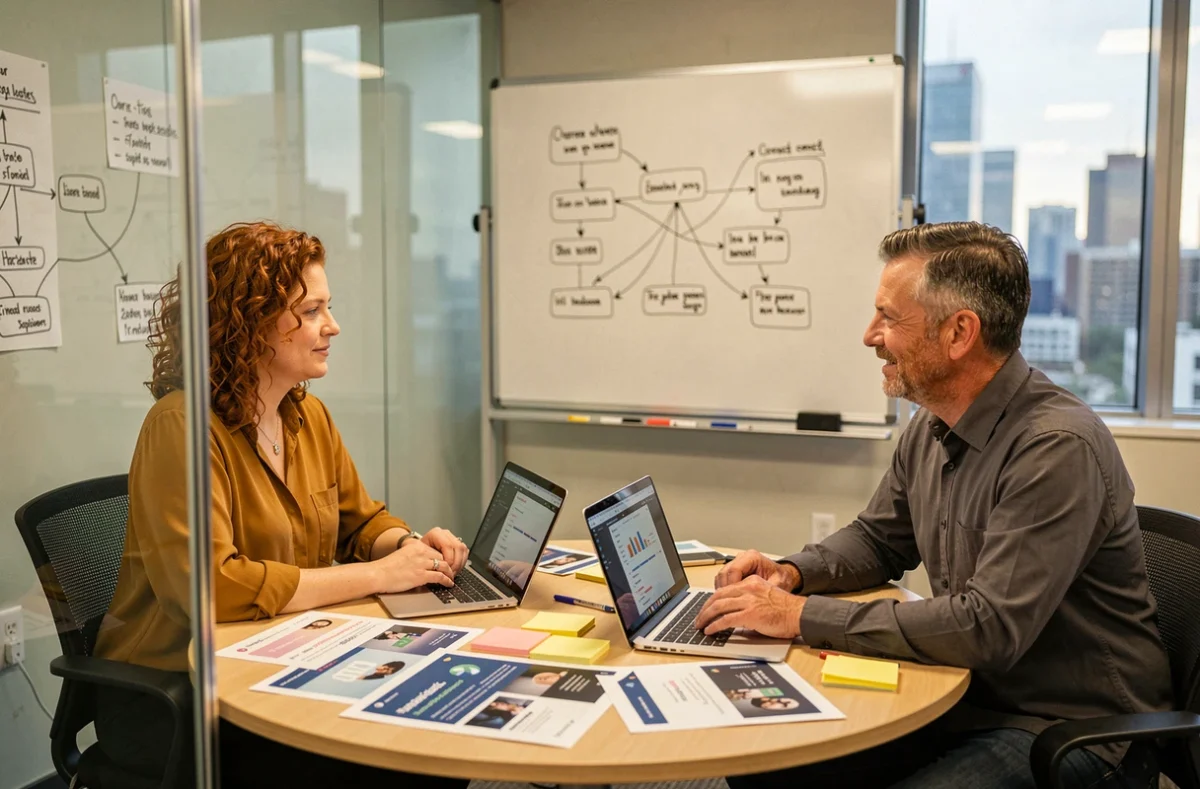 Deux experts en développement web en réunion de travail autour de maquettes de sites et de rapports de performance dans une salle de meeting vitrée