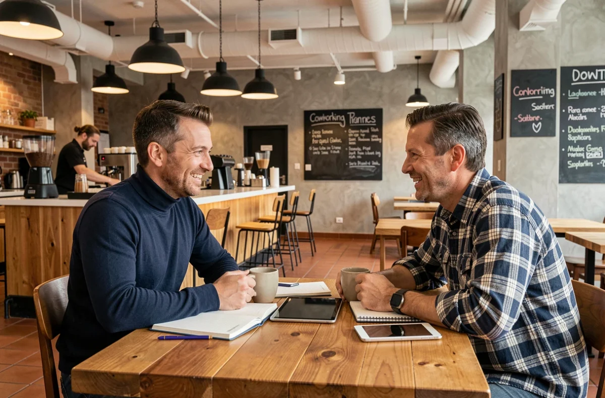 Deux professionnels en réunion informelle dans le café coworking de Darwin, atmosphère conviviale et espace de travail partagé