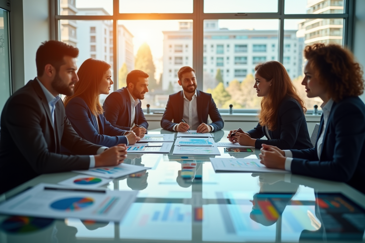 Groupe de professionnels autour d'une table avec graphiques colorés