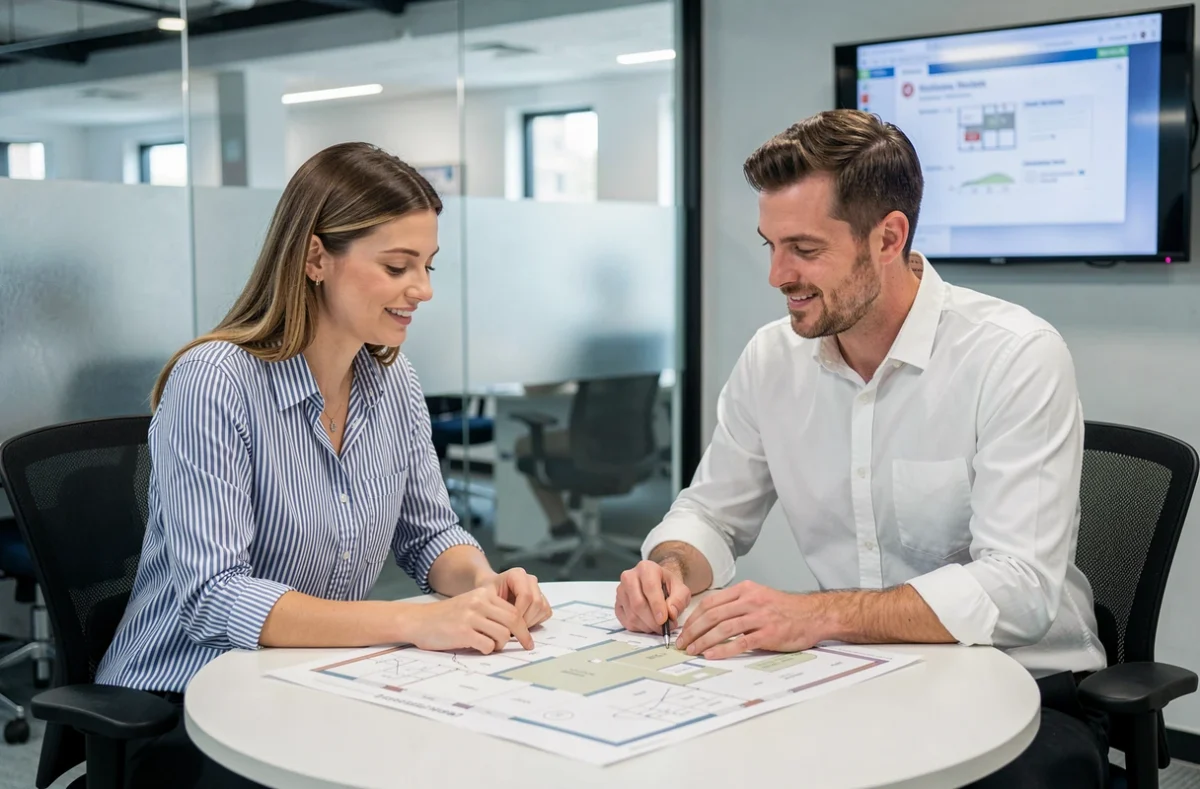 Deux professionnels en réunion dans une salle privative d'un espace de coworking à Bourgoin-Jallieu