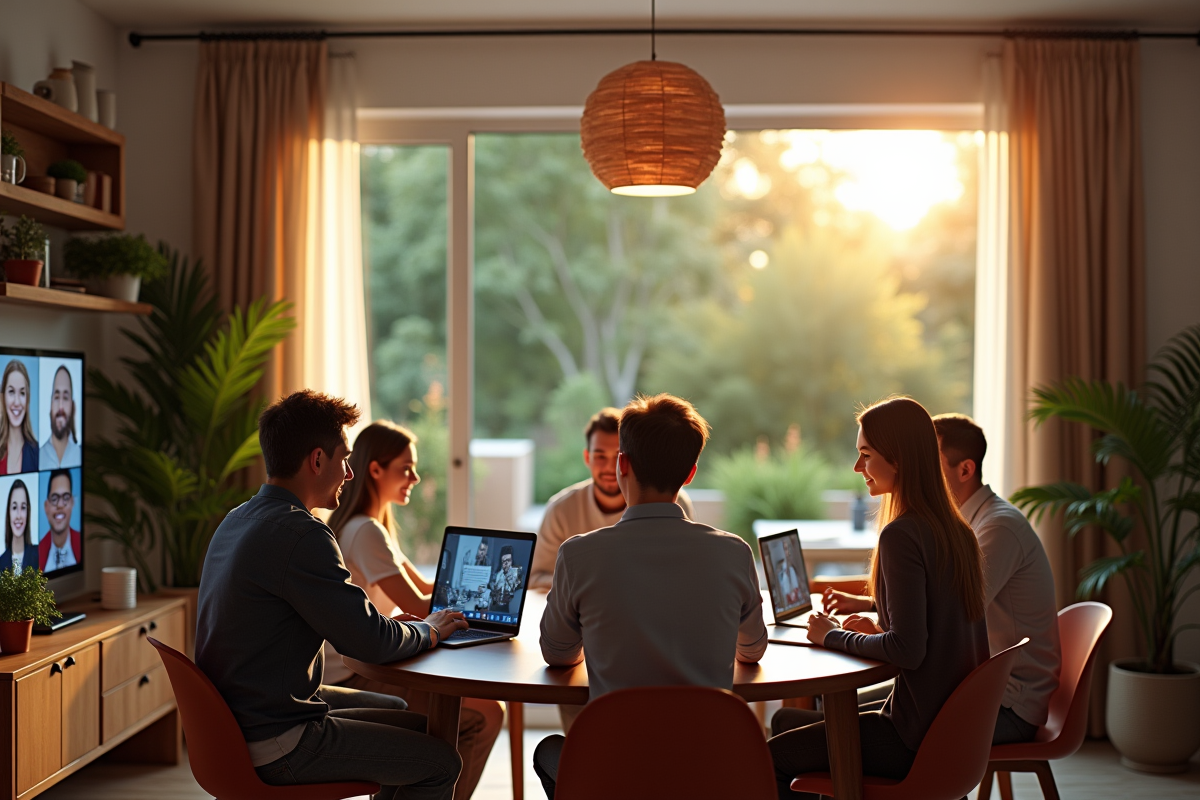 Jeunes professionnels en visioconference dans différents espaces