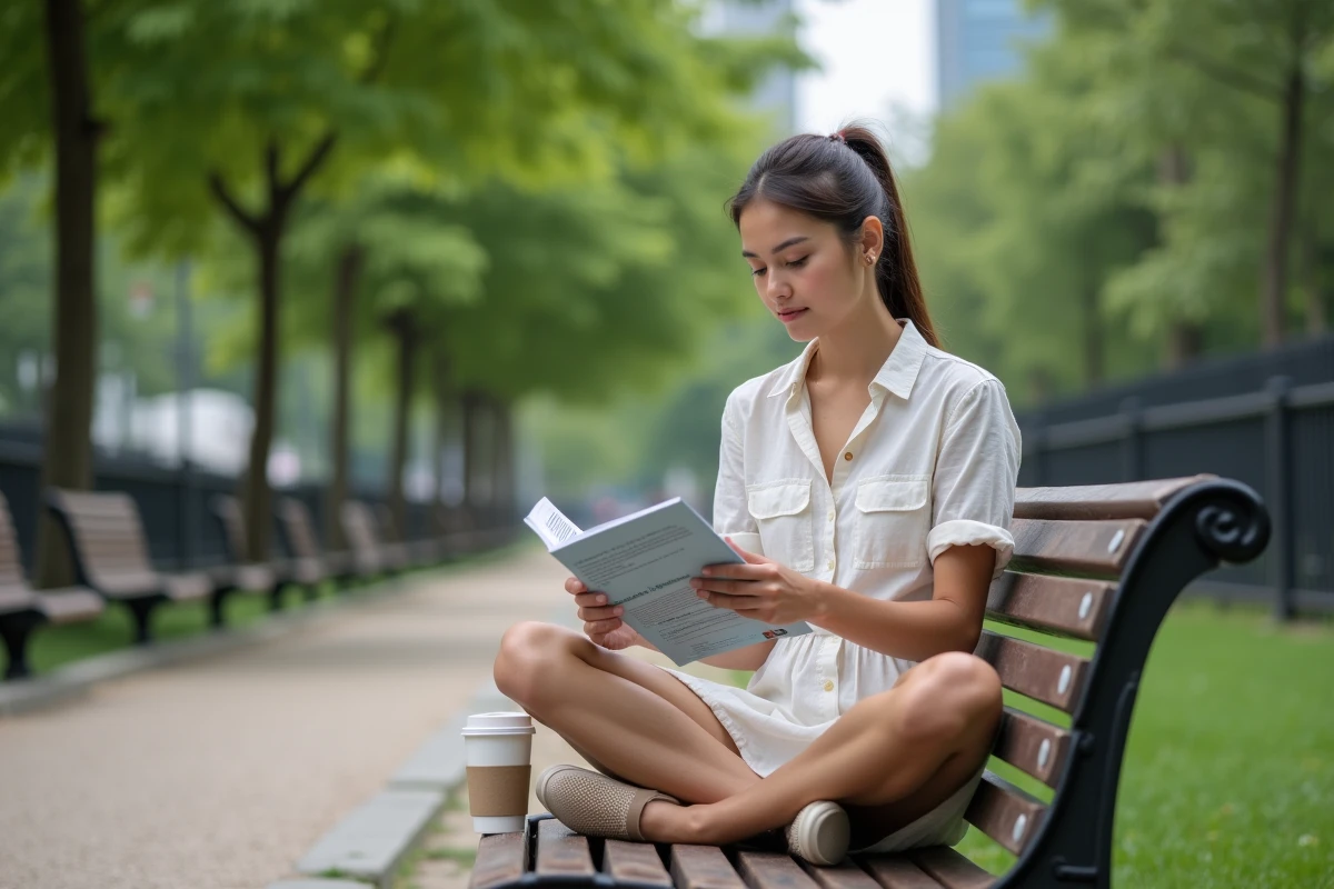 Jeune femme salariée lisant un guide sur les droits aux congés payés et congés d'été dans un parc en pause déjeuner