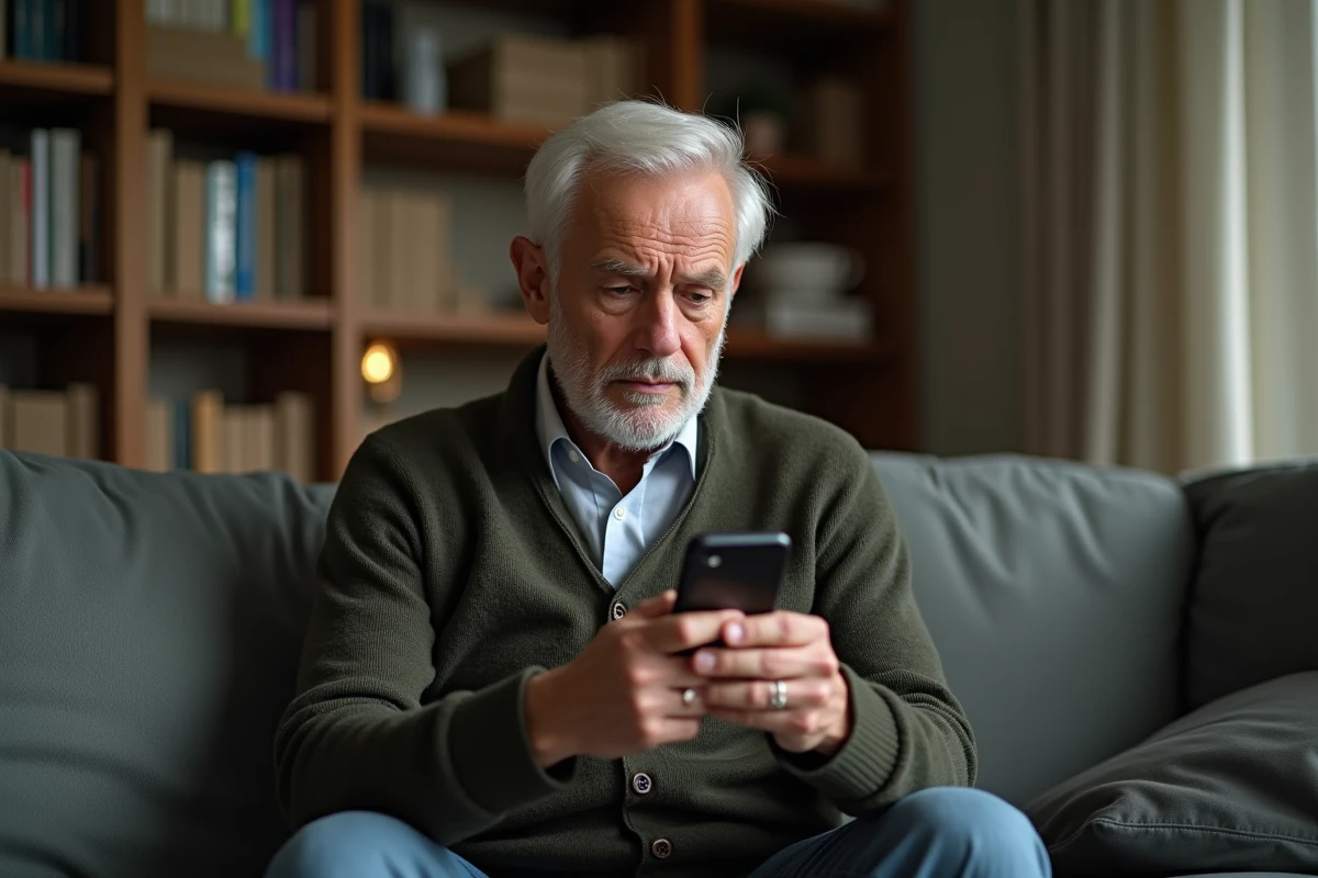 Senior examinant un numéro d'appel manqué inconnu sur son téléphone depuis son salon