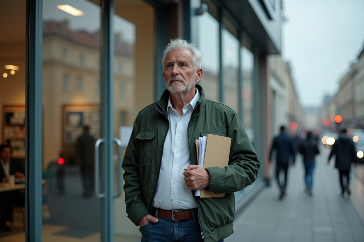 Senior de 58 ans devant un centre Pôle Emploi tenant un dossier CSP, expression réfléchie sur les conséquences pour sa retraite