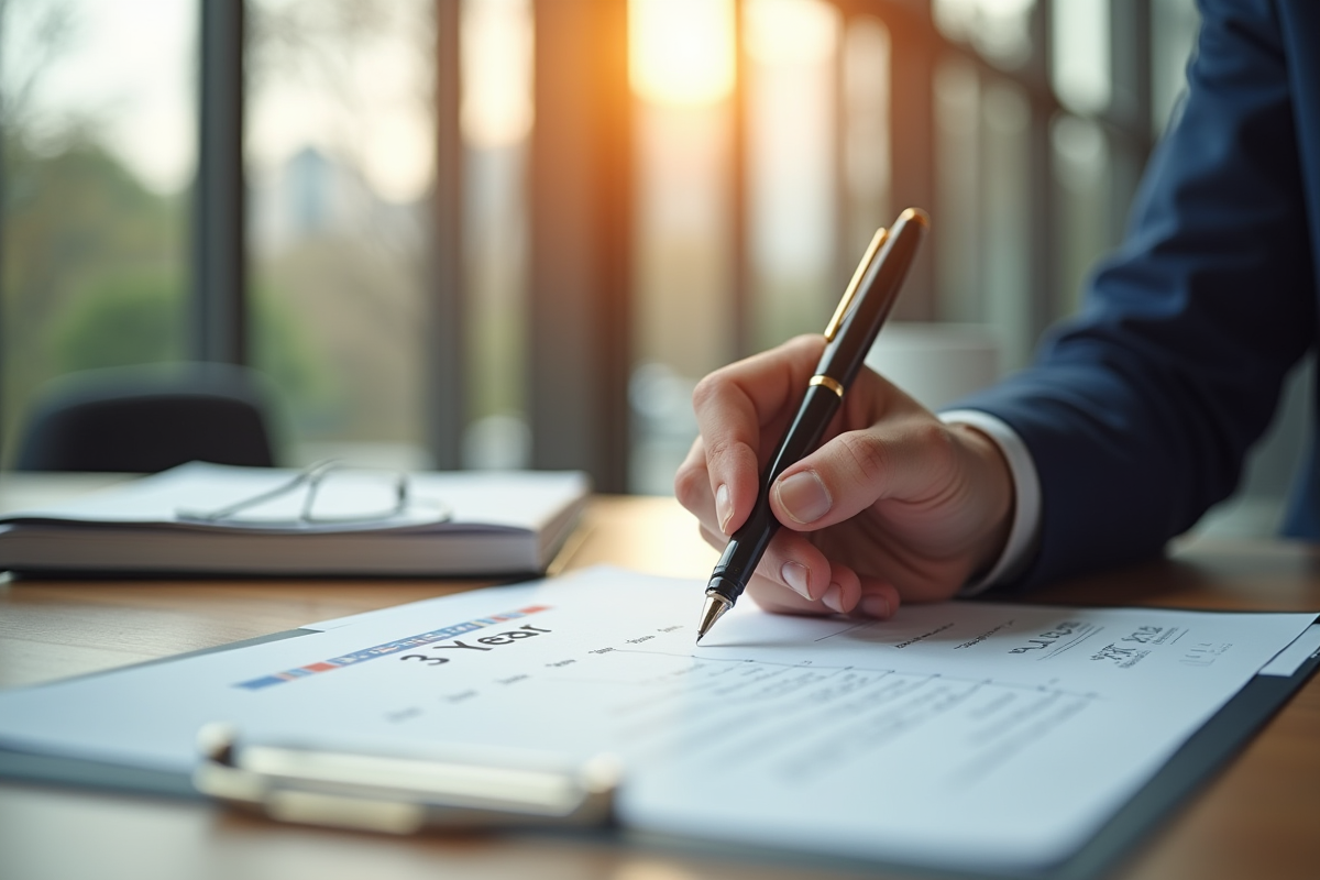 Professionnel signant un contrat de trois ans dans un bureau lumineux