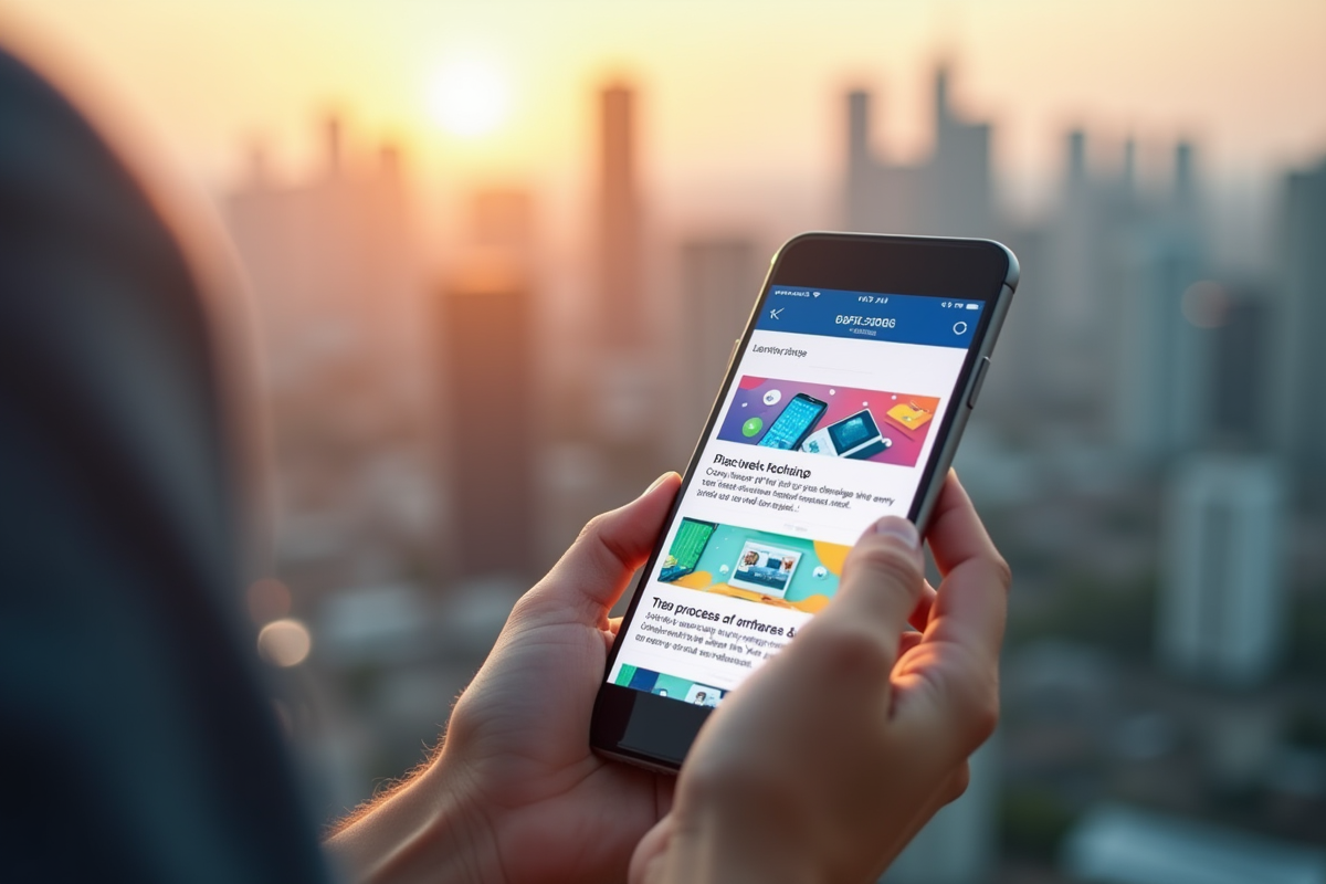 Smartphone montrant une newsletter colorée avec vue sur la ville en arrière-plan