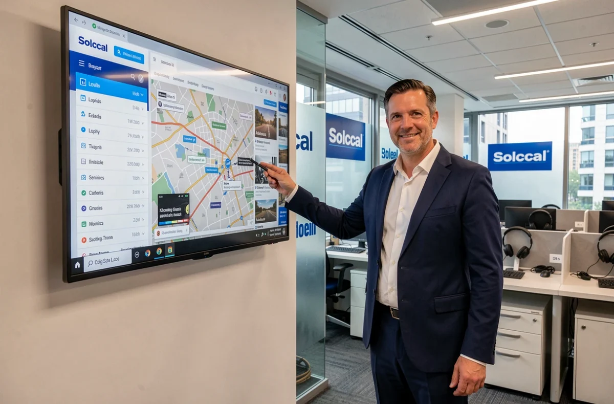Consultant digital de Solocal présentant une interface de référencement local et de publicité géolocalisée dans un bureau moderne