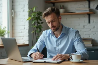 Solopreneur homme concentré travaillant seul à son bureau minimaliste avec ordinateur portable et carnet de notes