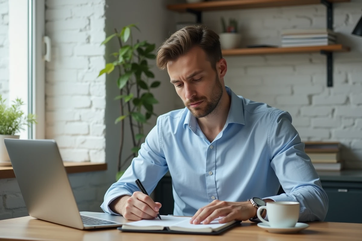 Solopreneur homme concentré travaillant seul à son bureau minimaliste avec ordinateur portable et carnet de notes
