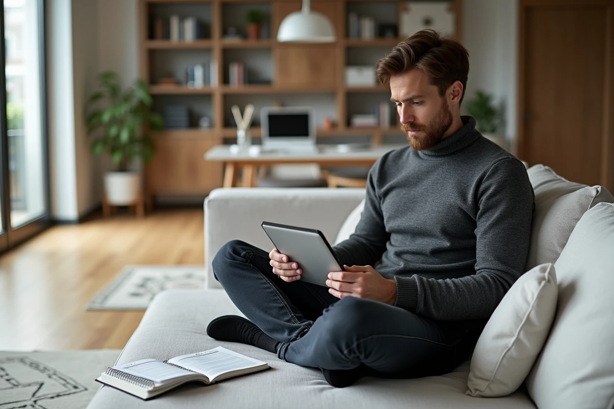 Solopreneur masculin planifiant son activité en solo sur tablette et agenda physique dans un salon minimaliste