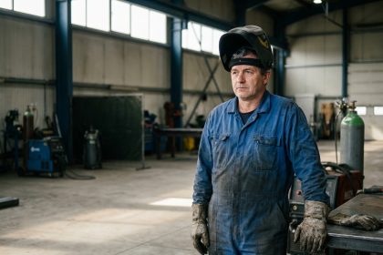 Photo hyperrealiste d'un soudeur en atelier industriel