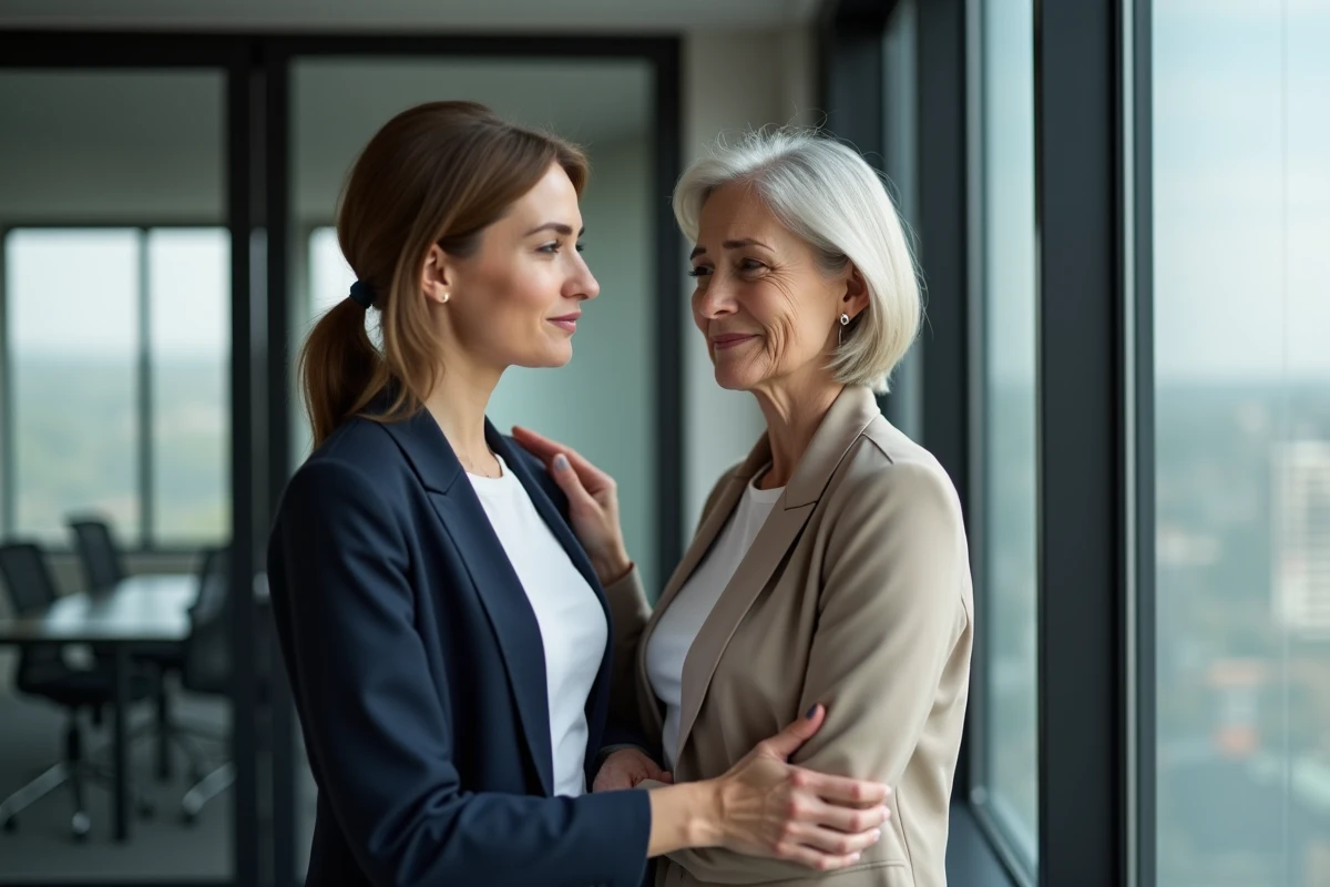 Deux collègues partageant un moment de soutien et d'empathie dans un bureau professionnel